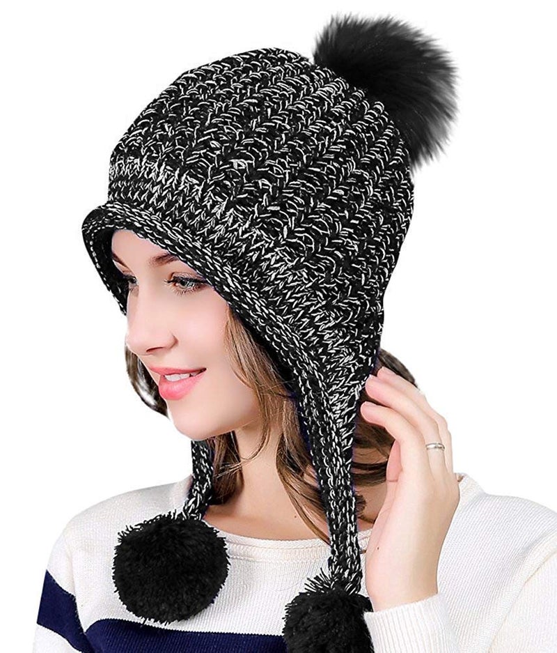 DOCILA Winter Knit Hats for Women Soft Faux Fur Pom Ear Flaps Beanie Warm Travel Ear Covers Peruvian Hat Fleece Liner Sherpa Skii Snow Camping Skully Cap (Black) - Image 3